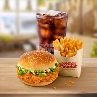 chicken steak burger with french fries