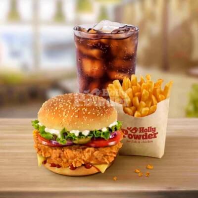 fried chicken burger with fries and soda